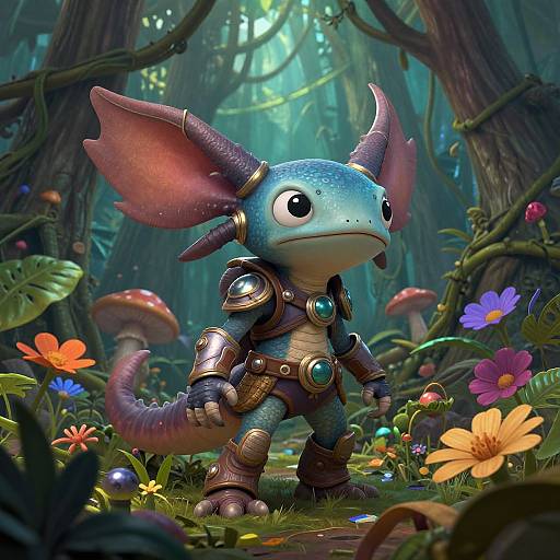 CGI fantasy forest scene of a blue, armored, dragon-like creature with large ears and a tail, surrounded by colorful flowers and mushrooms.