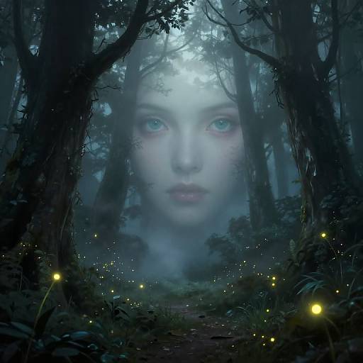 Digital artwork: Ethereal, blue-skinned woman with glowing eyes emerging from dark, misty forest, surrounded by glowing fireflies on a moonlit