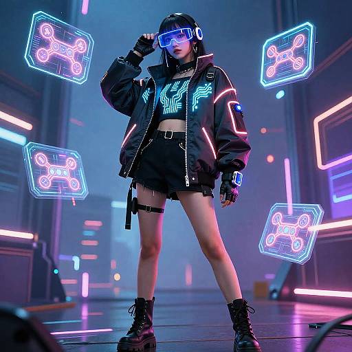 Cyberpunk-style photograph of a woman in a black jacket, neon visor, shorts, and boots, surrounded by glowing neon signs in a futuristic