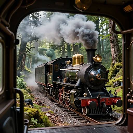 Photograph of a vintage black steam locomotive with white smoke, seen through a train window, chugging through a lush, green forest.