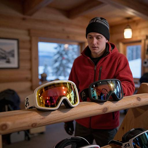 Reflective Ski Goggles in Alpine Lodge