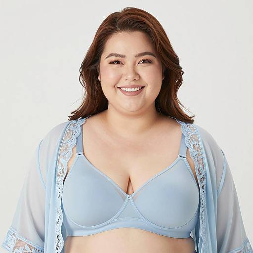 Plus-Size Woman in Light Blue Bra and Lace Robe