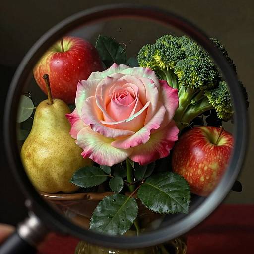 Photograph of a glass vase with a pink rose, red apple, yellow pear, and broccoli, viewed through a magnifying glass.