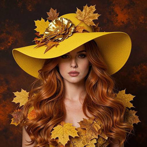 Photograph of a red-haired woman with wavy hair, wearing a yellow wide-brimmed hat adorned with autumn leaves, set against a dark,
