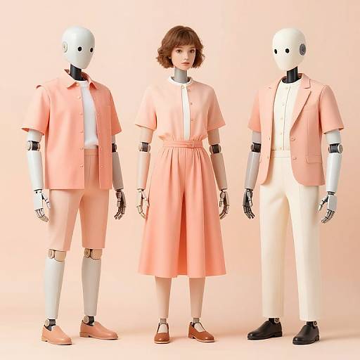Photograph of three humanoid robots in pastel pink and white attire, standing with a human girl in a matching dress, pale background.