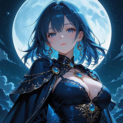 Anime Girl with Blue Hair and Moonlit Sky