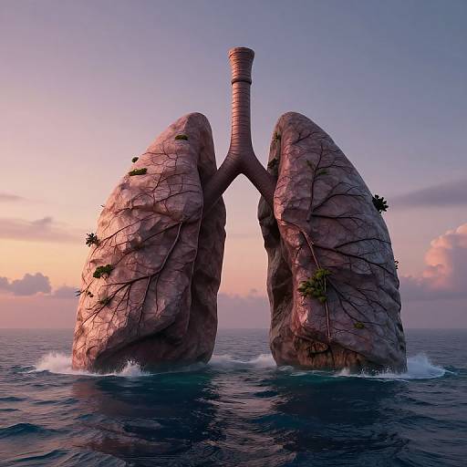 Fantastical CGI of two large, rocky, lung-like structures emerging from ocean, connected by a central tube, with small plants, under a sunset