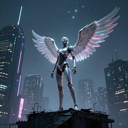Digital artwork of a glowing, metallic angel with iridescent wings standing on a rooftop in a futuristic cityscape at night.