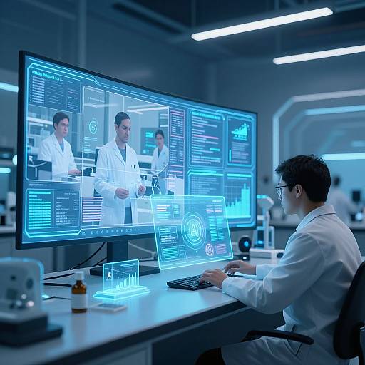 Photograph of a male scientist in a white lab coat, seated at a modern laboratory desk, interacting with a large, blue-lit computer screen displaying