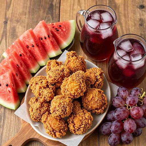 Photograph of golden fried fritters, watermelon slices, purple grapes, and two glasses of dark red juice with ice on a wooden table.