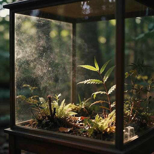 Photograph of a sunlit greenhouse terrarium with green ferns, moss, and small plants, illuminated by sunlight filtering through glass.