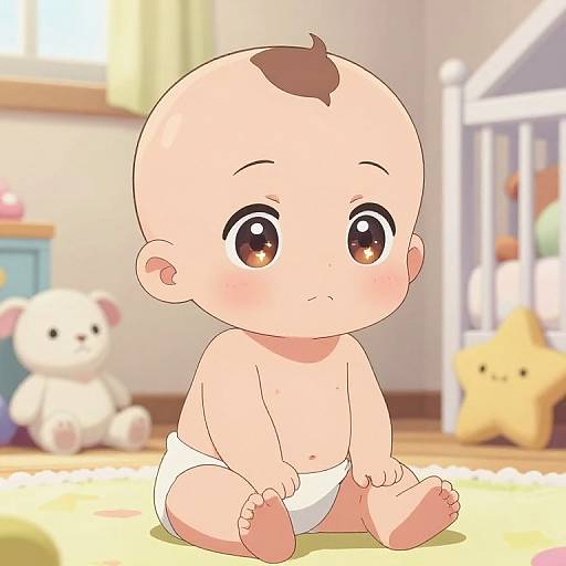 Digital anime-style illustration of a cute, bald baby with big brown eyes, wearing a white diaper, sitting on a yellow rug in a brightly lit,