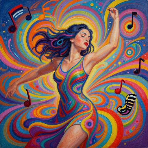 Vibrant digital painting of a dancing woman in a rainbow dress, surrounded by swirling colorful patterns, musical notes, and stars.