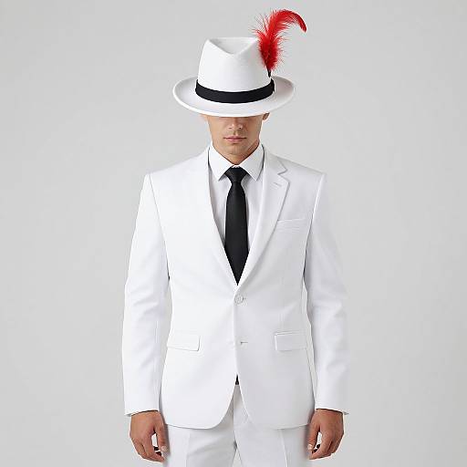 Man in White Suit with Red Feather