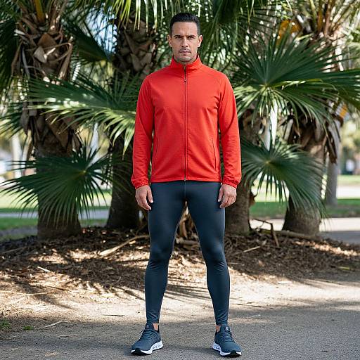 Photograph of a muscular, fair-skinned man with short black hair, wearing a bright red zip-up jacket, black leggings, and black sneakers,