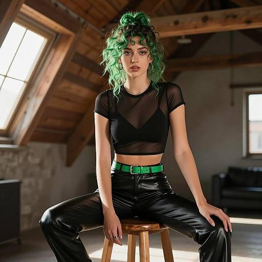 Confident Woman with Green Hair in Urban Loft