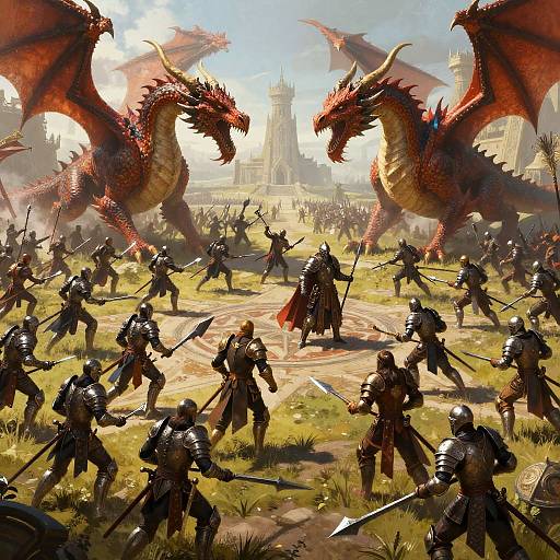 Digital fantasy artwork: Armored knights battle two massive red dragons in a sunlit, grassy field with a castle in the background.