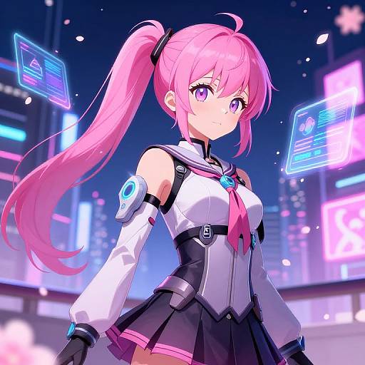 Digital anime-style drawing of a pink-haired, purple-eyed cyber girl in a futuristic city, wearing a white and black outfit with neon lights and floating screens