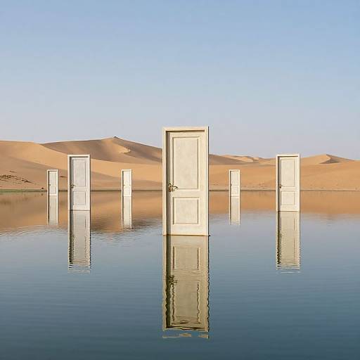 Photograph of five white doors emerging from reflective water, surrounded by golden desert dunes under a clear blue sky.