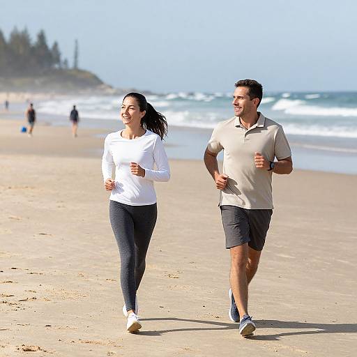 Photograph of a smiling Asian woman in a white long-sleeve shirt and black leggings, jogging beside a Caucasian man in a beige polo and gray