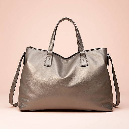 Photograph of a sleek, dark brown leather tote bag with short handles, slightly glossy texture, and a minimalist design against a pale pink background.