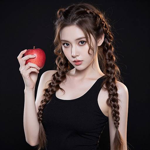 Photograph of an East Asian woman with long braided brown hair, wearing a black tank top, holding a red apple against a black background.