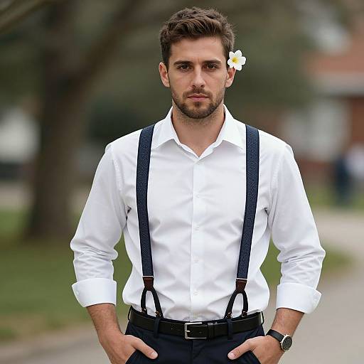 Photograph of a handsome, bearded man with short brown hair, wearing a white shirt, black suspenders, and a yellow flower in his hair