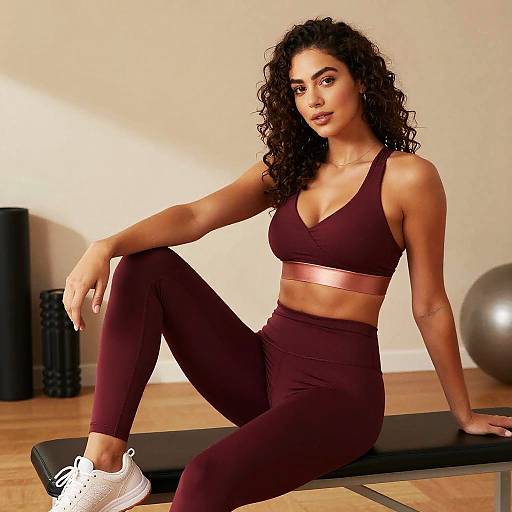 Photograph of a fit, curly-haired woman with tan skin, wearing burgundy sports bra and leggings, white sneakers, sitting on a bench in a