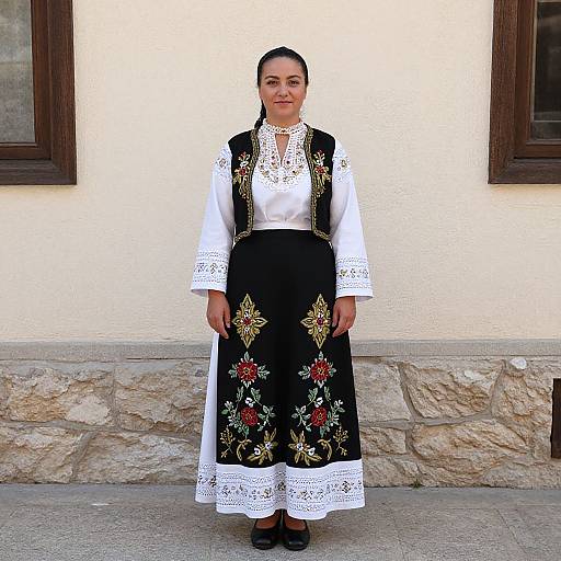Photograph of a woman with dark hair in a bun, wearing a white embroidered blouse and black embroidered dress, standing in front of a stone wall with