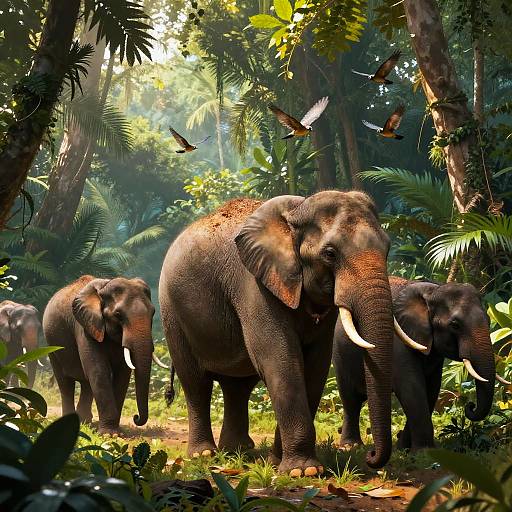 Photograph of four elephants with large tusks standing in a lush, sunlit jungle, surrounded by vibrant green foliage and three flying birds.