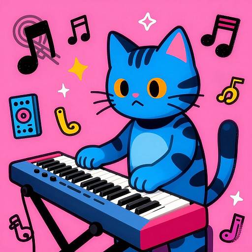 Digital illustration of a blue, black-striped cat with large yellow eyes playing a colorful keyboard on a pink background, surrounded by musical notes and a speaker.