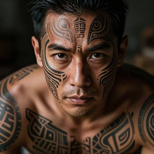 Photograph of a muscular, shirtless Asian man with short black hair, intense brown eyes, and intricate black tribal tattoos covering his face, chest,