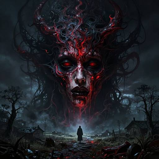 Digital illustration of a dark, monstrous face with glowing red eyes and twisted red-black tendrils, looming over a small, solitary figure in a foggy