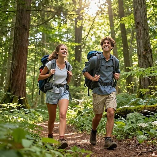 Photograph of a smiling young couple hiking in a sunlit forest, wearing backpacks, casual outdoor clothes, with green ferns and tall trees.