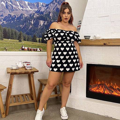 Photograph of a young woman with light brown skin, dark hair in a ponytail, wearing an off-shoulder black dress with white heart patterns