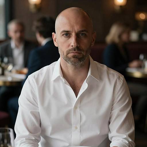 Moody Portrait of Bald Man in Restaurant