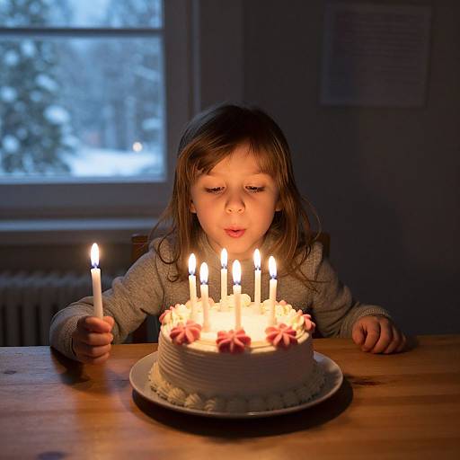Photograph of a young girl with brown hair, wearing a gray sweater, blowing out candles on a white-frosted cake with pink rosettes