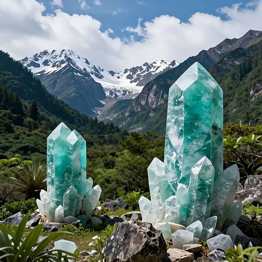 Photograph of striking turquoise crystal formations in a mountainous landscape, with snow-capped peaks and lush greenery under a bright, partly cloudy sky.