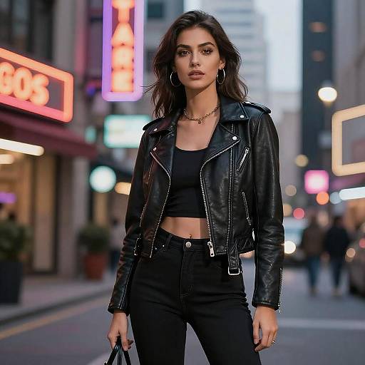 Confident Woman in Black Leather Jacket on Urban Street