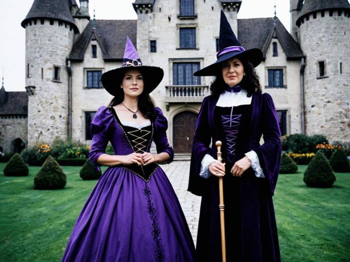 Women in Purple Witch Costumes in Front of Castle