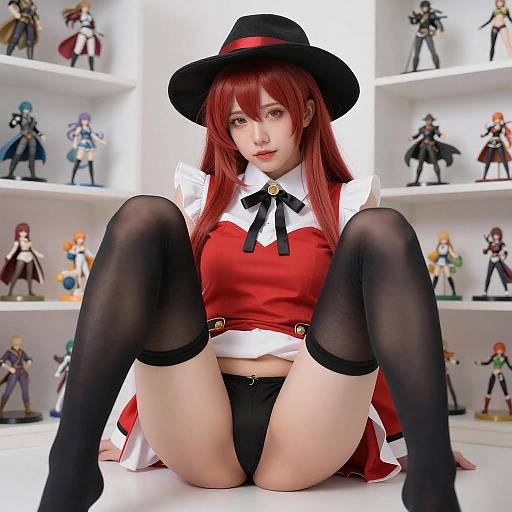 Red-Haired Cosplayer in Collectible Room