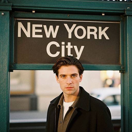 Photograph of a young man with fair skin, dark hair, and serious expression, standing in front of a 