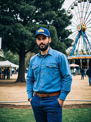 Photograph of a bearded man with dark skin, wearing a blue denim shirt, dark jeans, and a blue cap, standing in front of a