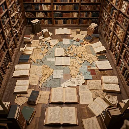 Overhead photograph of a library room with open books and a world map scattered on the wooden floor, surrounded by bookshelves. Warm, natural light