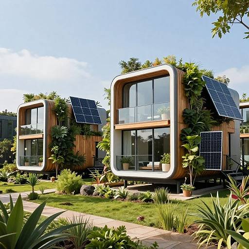 Photograph of two modern, sustainable, wooden houses with solar panels, large windows, and lush green gardens under a clear blue sky.