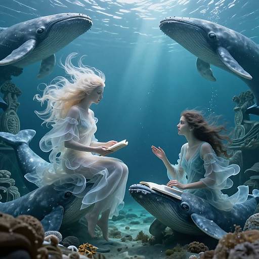 Photograph-like digital art of two ethereal mermaids with flowing white dresses, surrounded by whales, underwater with coral and light rays.