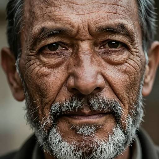 Close-up photograph of an elderly man with deeply wrinkled skin, gray beard, and intense eyes, wearing a dark jacket, against a blurred background.