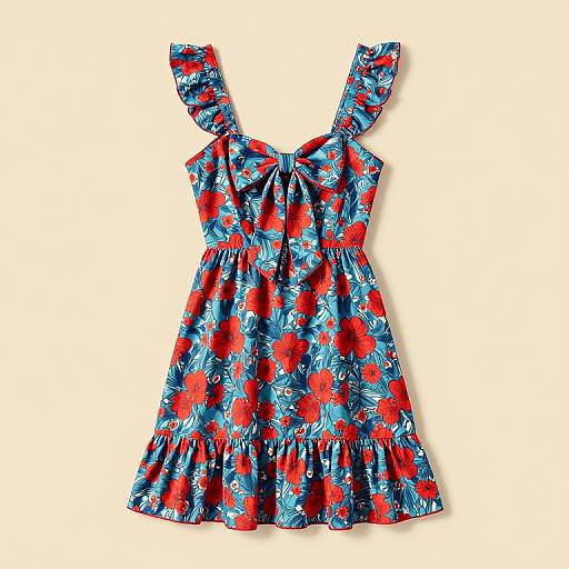 Vibrant sleeveless floral dress with blue background, red flowers, and white leaves, featuring ruffled hem and bow-tie straps, displayed on
