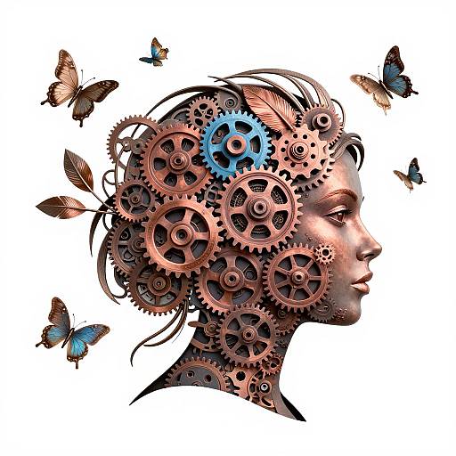 Digital art of a human profile with gears and butterflies in the head, blending gears inside and butterflies fluttering around.
