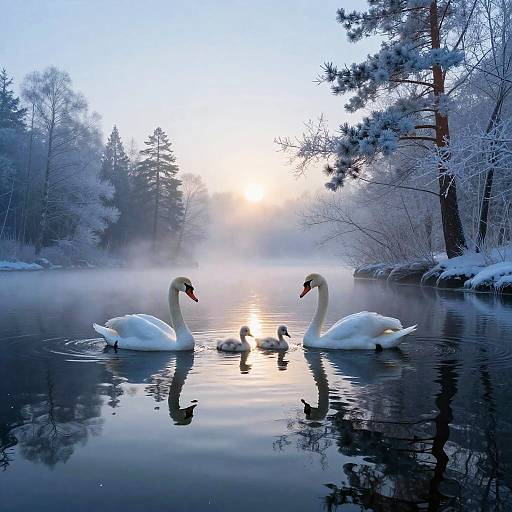 Photograph of two white swans with reflected images, alongside three ducklings, on a serene, misty, snow-covered lake at dawn.